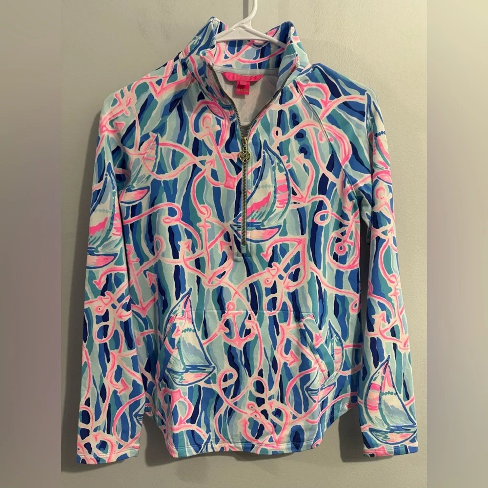 Lilly Pulitzer Skipper Popover Skim Blue Reel Nauti Quarter Zip Womens XXS